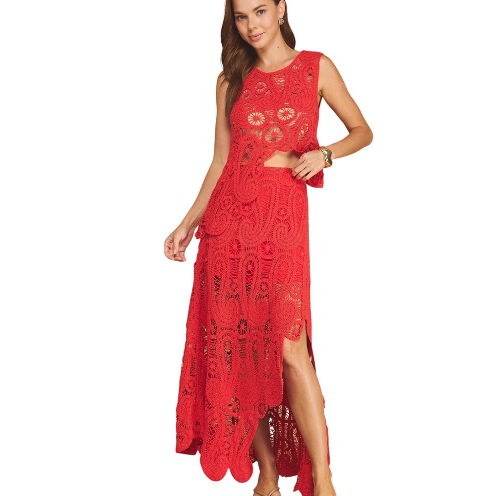 Strut & Bolt Red Paisley Crochet 2 Piece Set Asymmetrical Top Wrap Skirt M